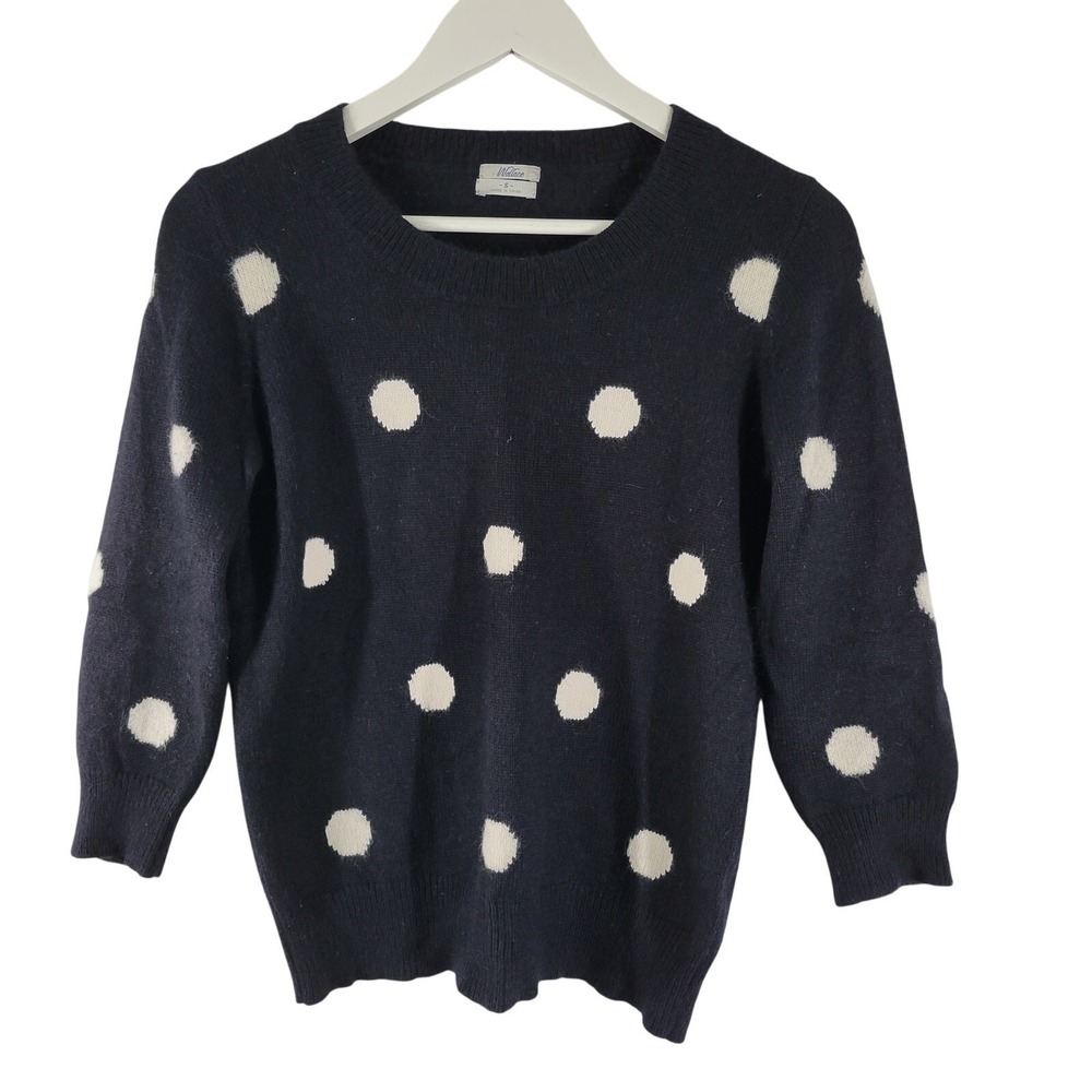 Wallace Polka Dot Sweater Womens Small Navy Blue Rabbit Hair Fuzzy 3/4 Sleeve